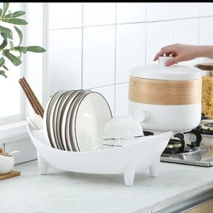Dish Drying Rack. Oval Compact Size Drainer with Utensil Holder. Kitchen Counter